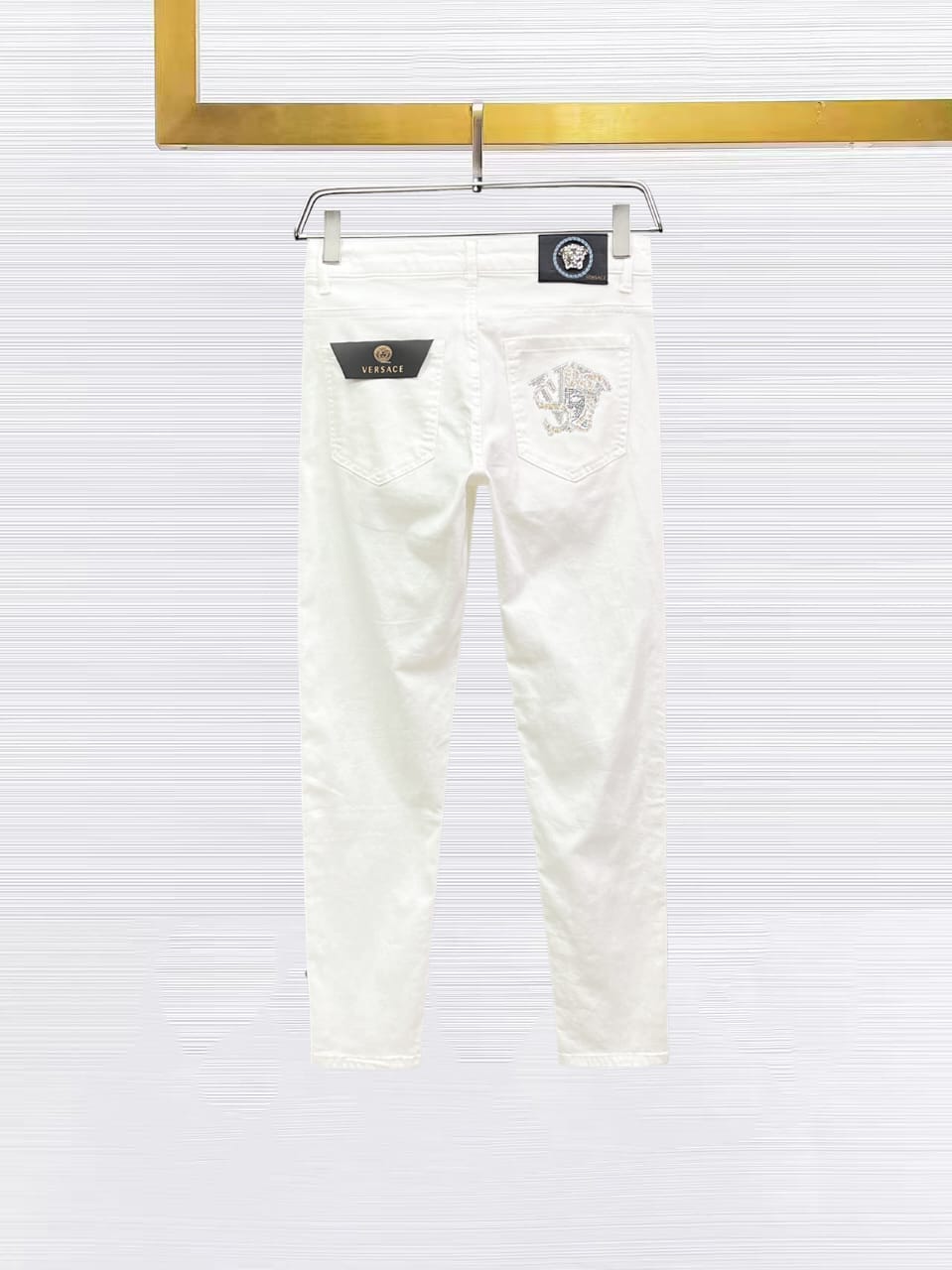 Versace - Men's White Slim-Fit Jeans with Gold Medusa Embroidery