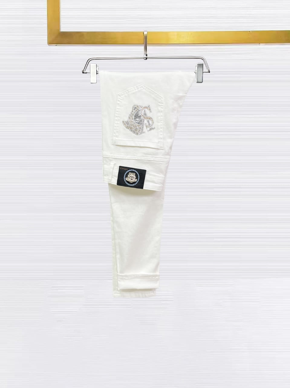 Versace - Men's White Slim-Fit Jeans with Gold Medusa Embroidery