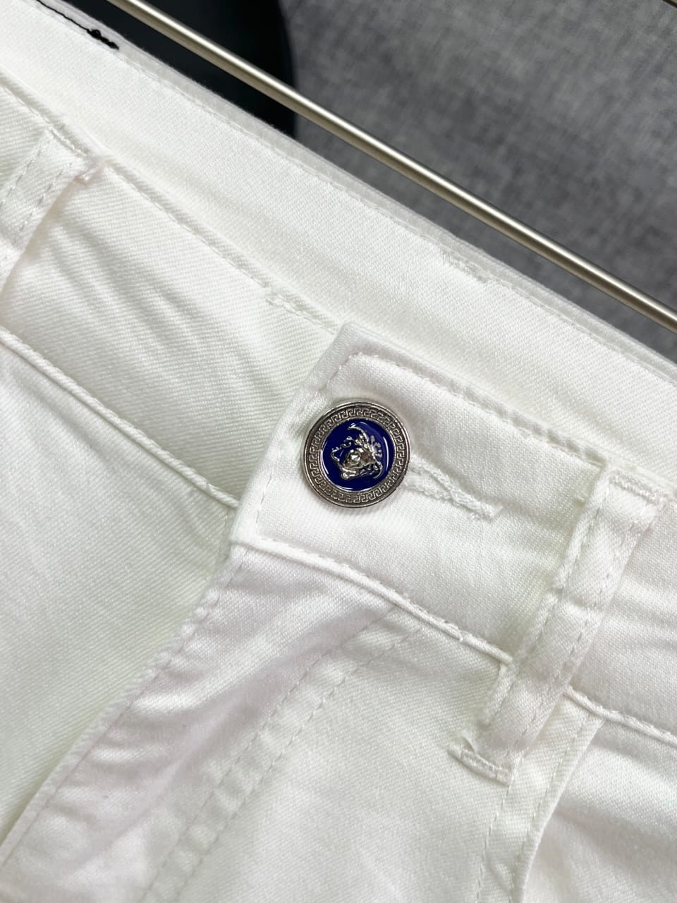 Versace - Men's White Slim-Fit Jeans with Gold Medusa Embroidery