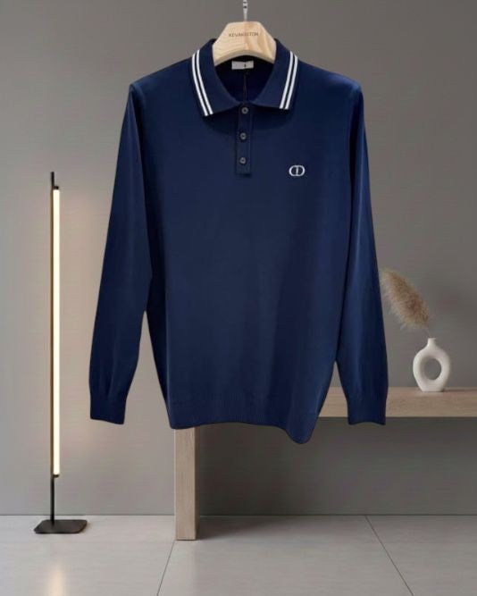 Dior - Men's Long-Sleeve Knit Polo Sweater with Striped Trim and CD Logo