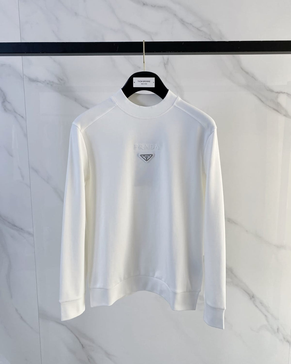 Prada - Cotton Crewneck Sweatshirt with Triangular Logo & Snap Sleeve Detail