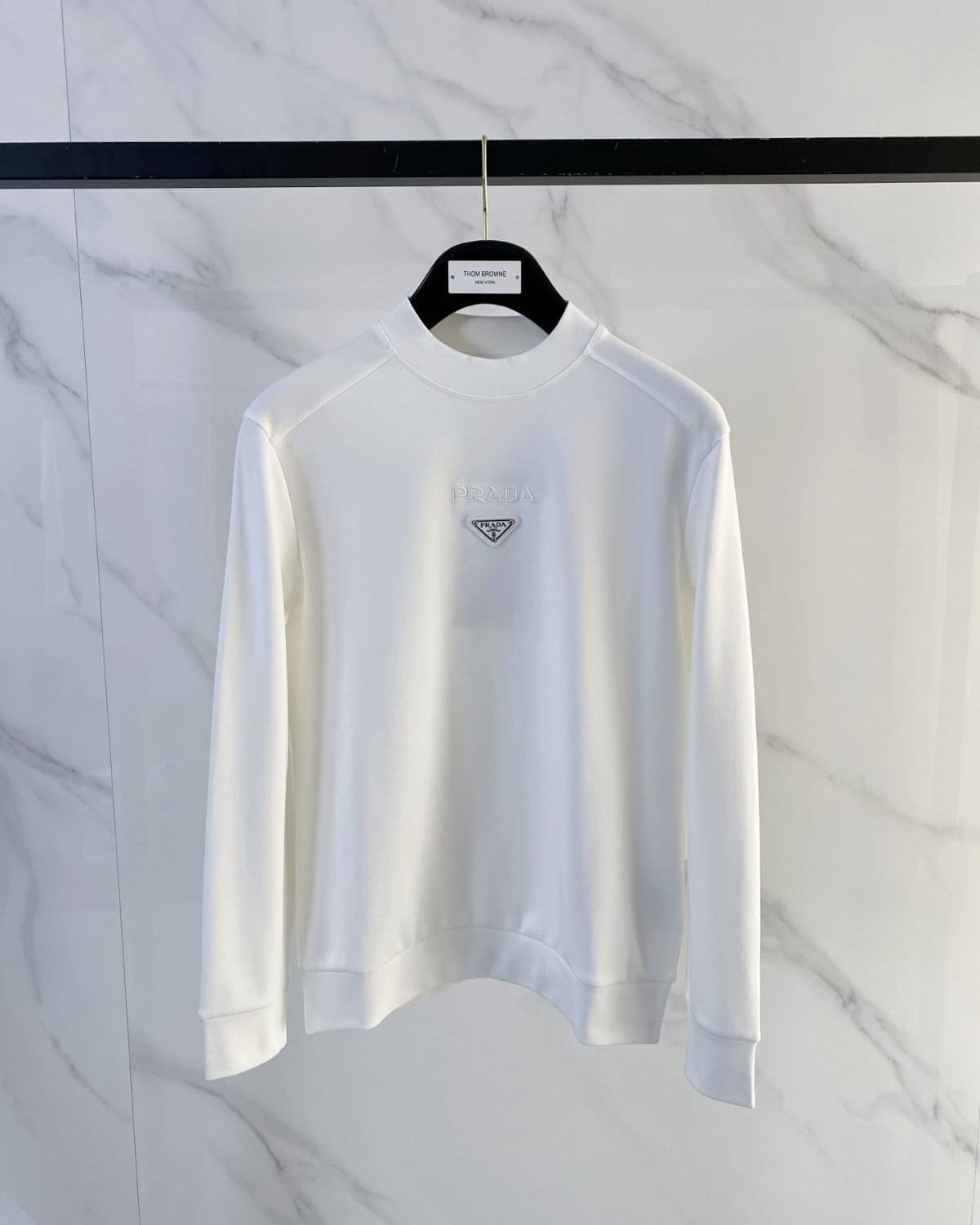 Prada - Cotton Crewneck Sweatshirt with Triangular Logo & Snap Sleeve Detail