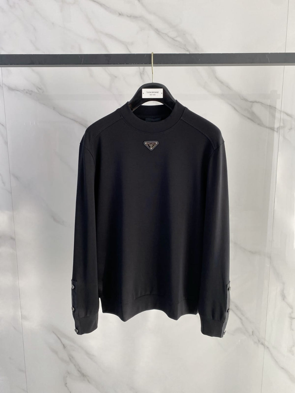 Prada - Cotton Crewneck Sweatshirt with Triangular Logo & Snap Sleeve Detail
