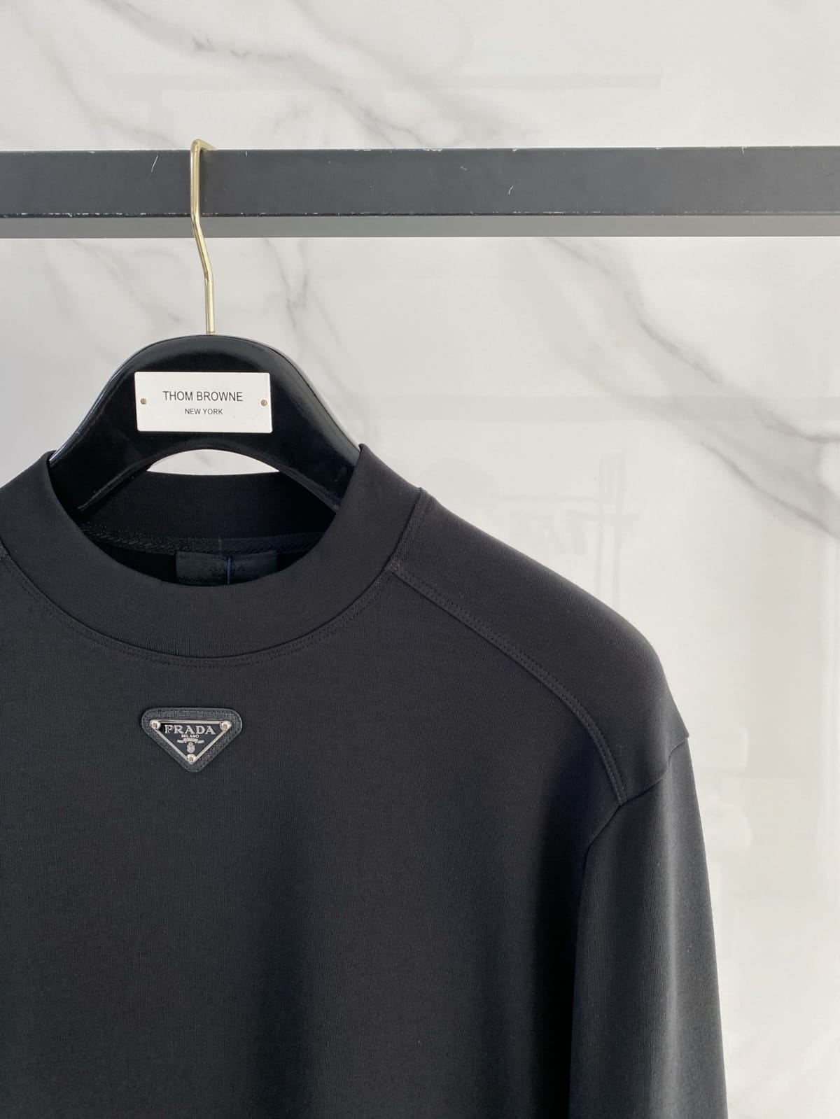 Prada - Cotton Crewneck Sweatshirt with Triangular Logo & Snap Sleeve Detail