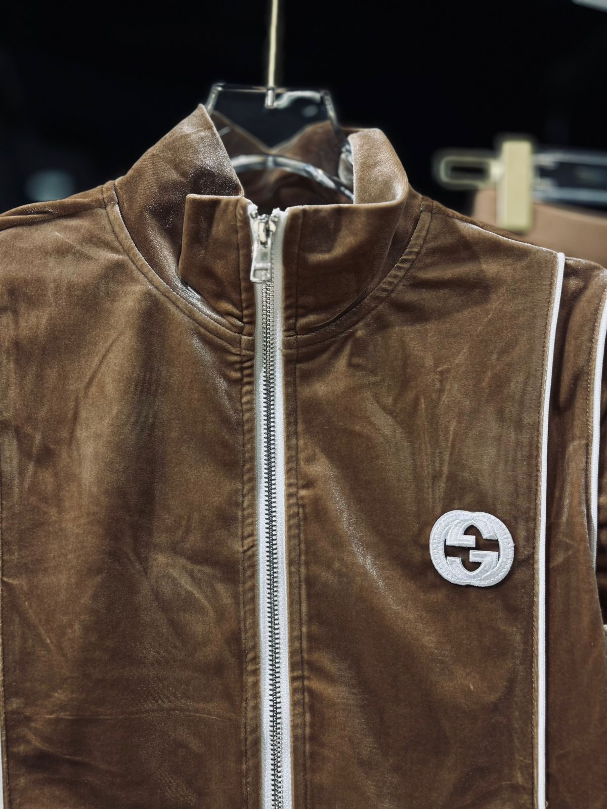 Gucci - Kids Brown Velvet GG Tracksuit Set with White Piping