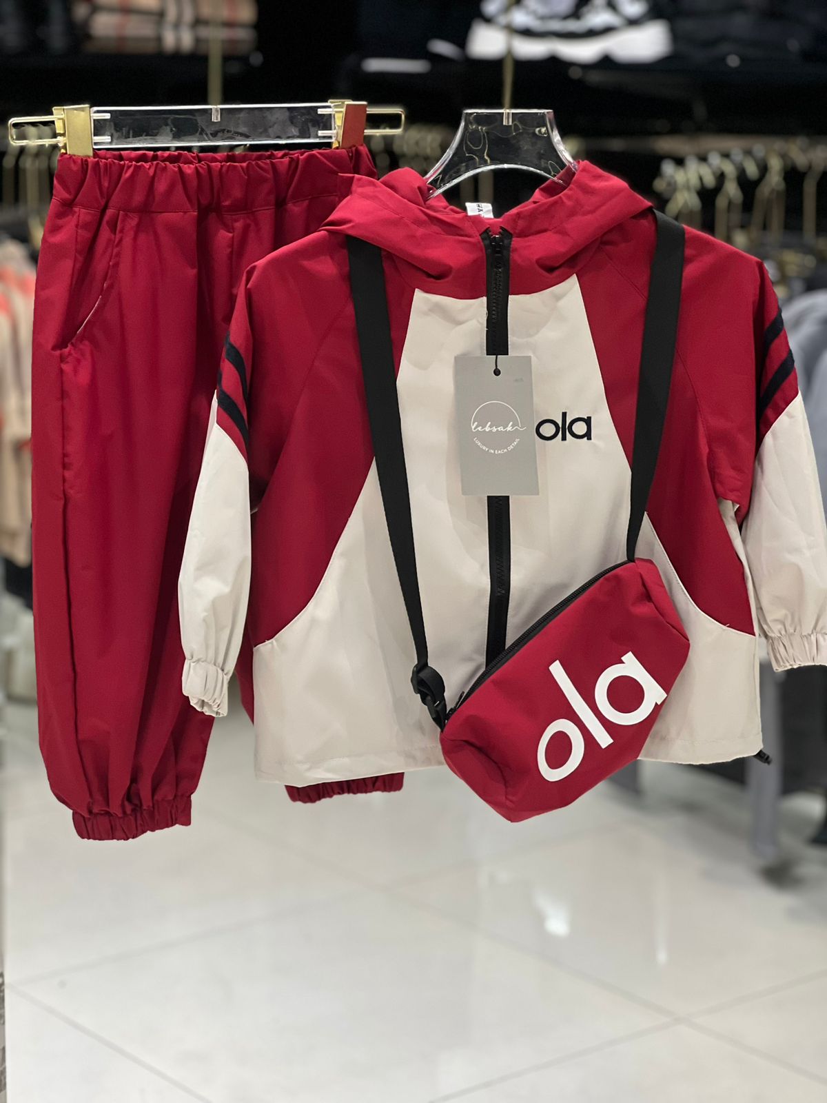 Alo Kids - "Ola" Graphic Tracksuit Set & Bag - Red/Beige