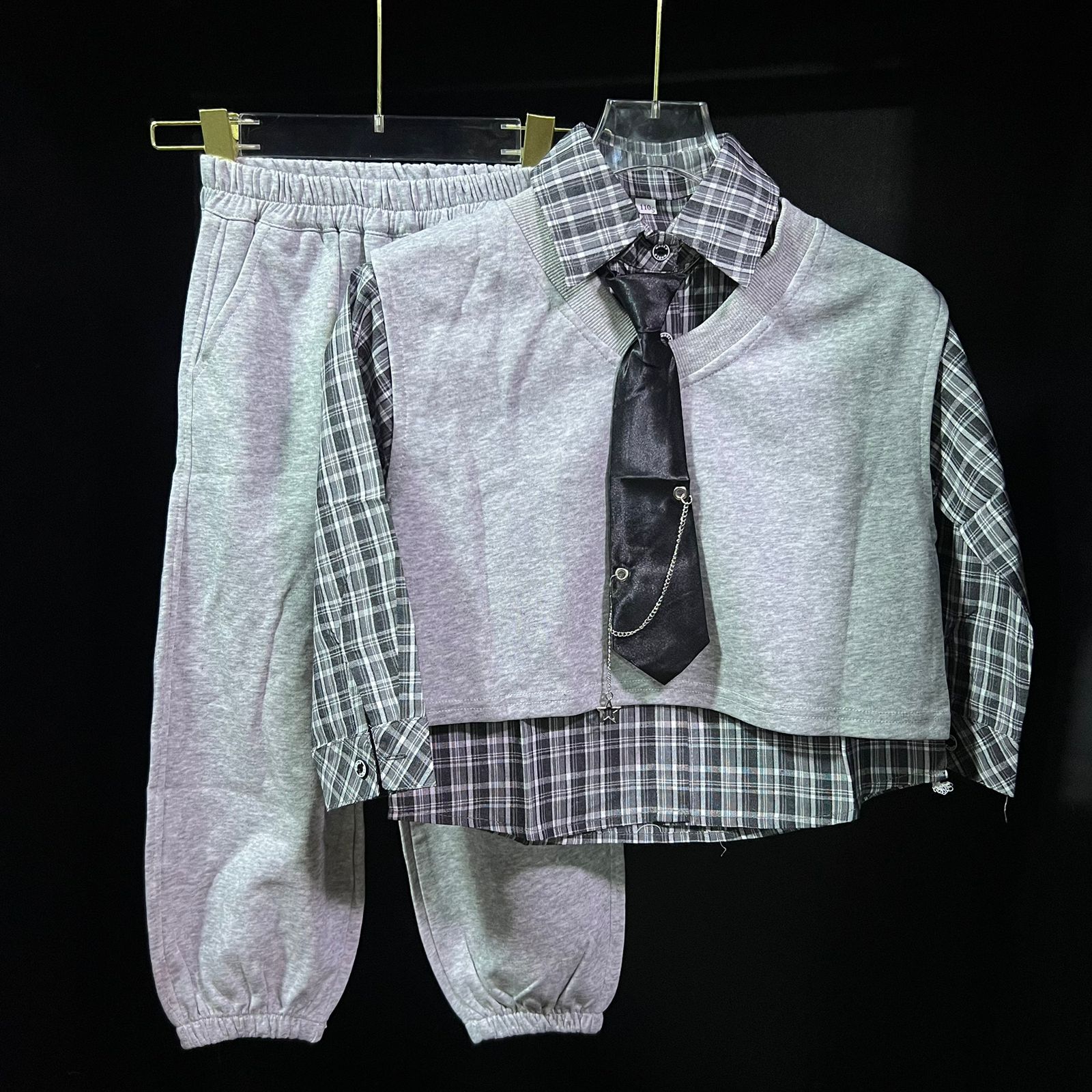 Kids Trendy Sweater Vest & Shirt Outfit w/ Chain Tie and Joggers - Grey
