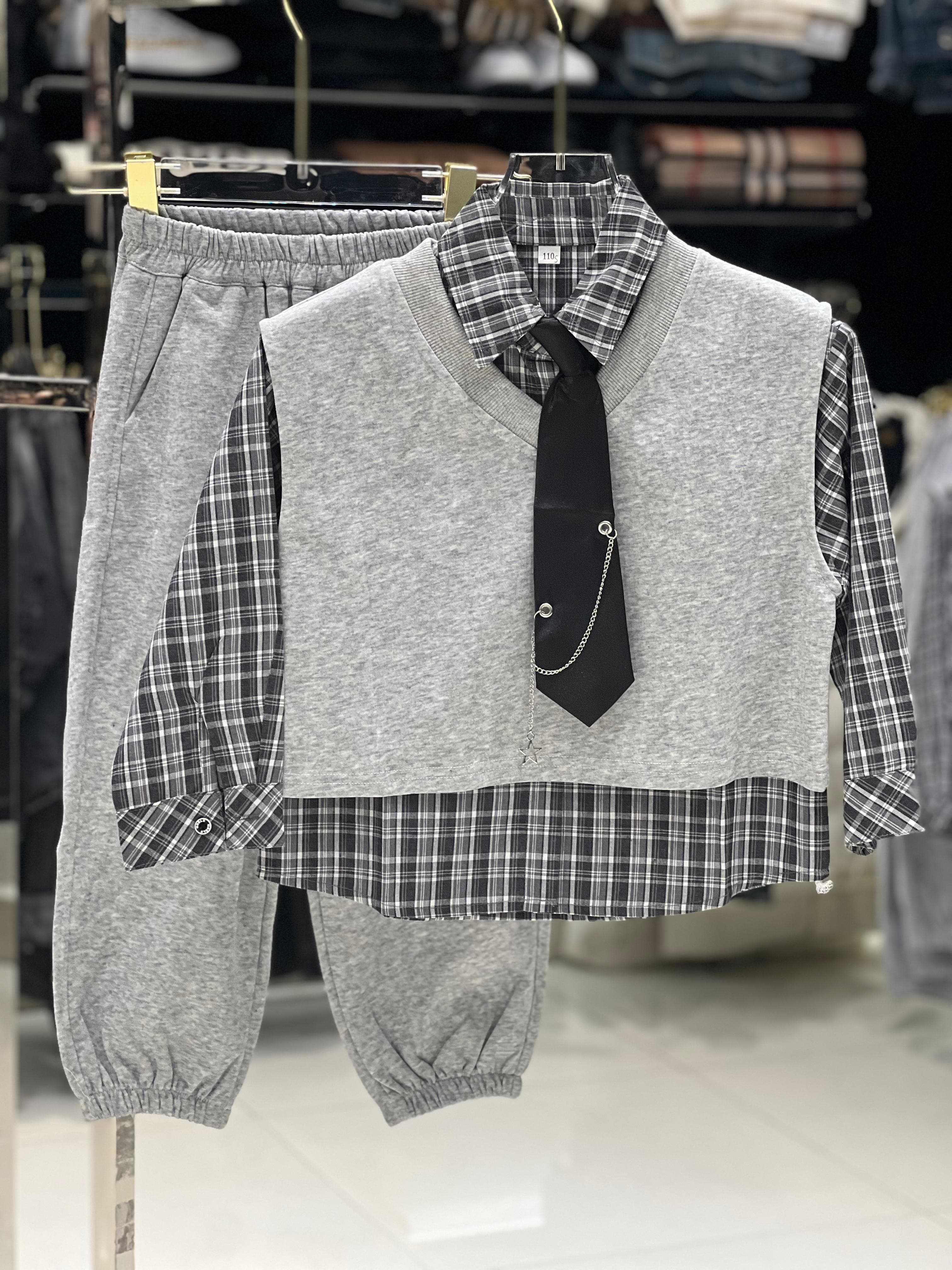 Kids Trendy Sweater Vest & Shirt Outfit w/ Chain Tie and Joggers - Grey