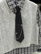 Kids Trendy Sweater Vest & Shirt Outfit w/ Chain Tie and Joggers - Grey