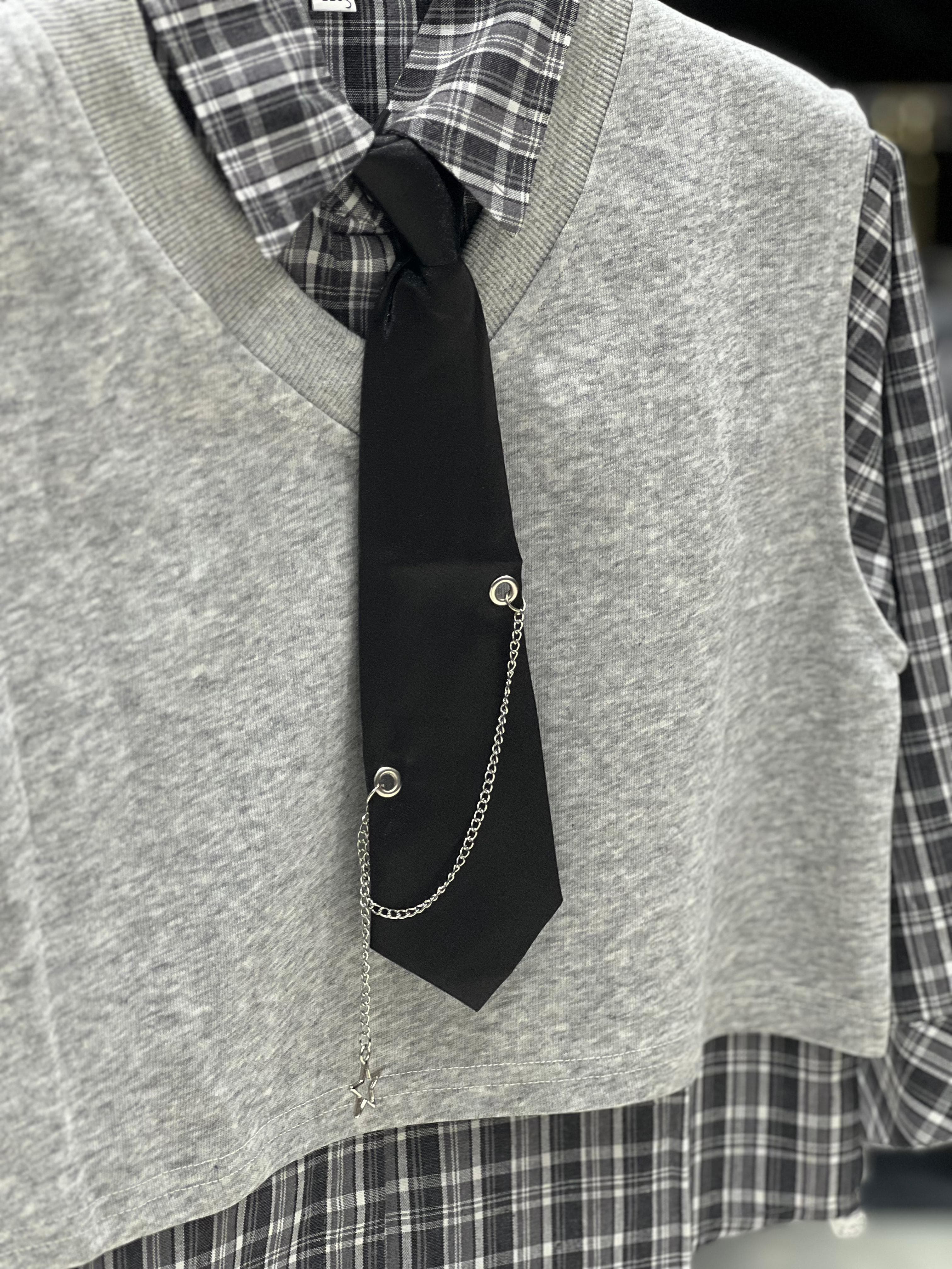 Kids Trendy Sweater Vest & Shirt Outfit w/ Chain Tie and Joggers - Grey