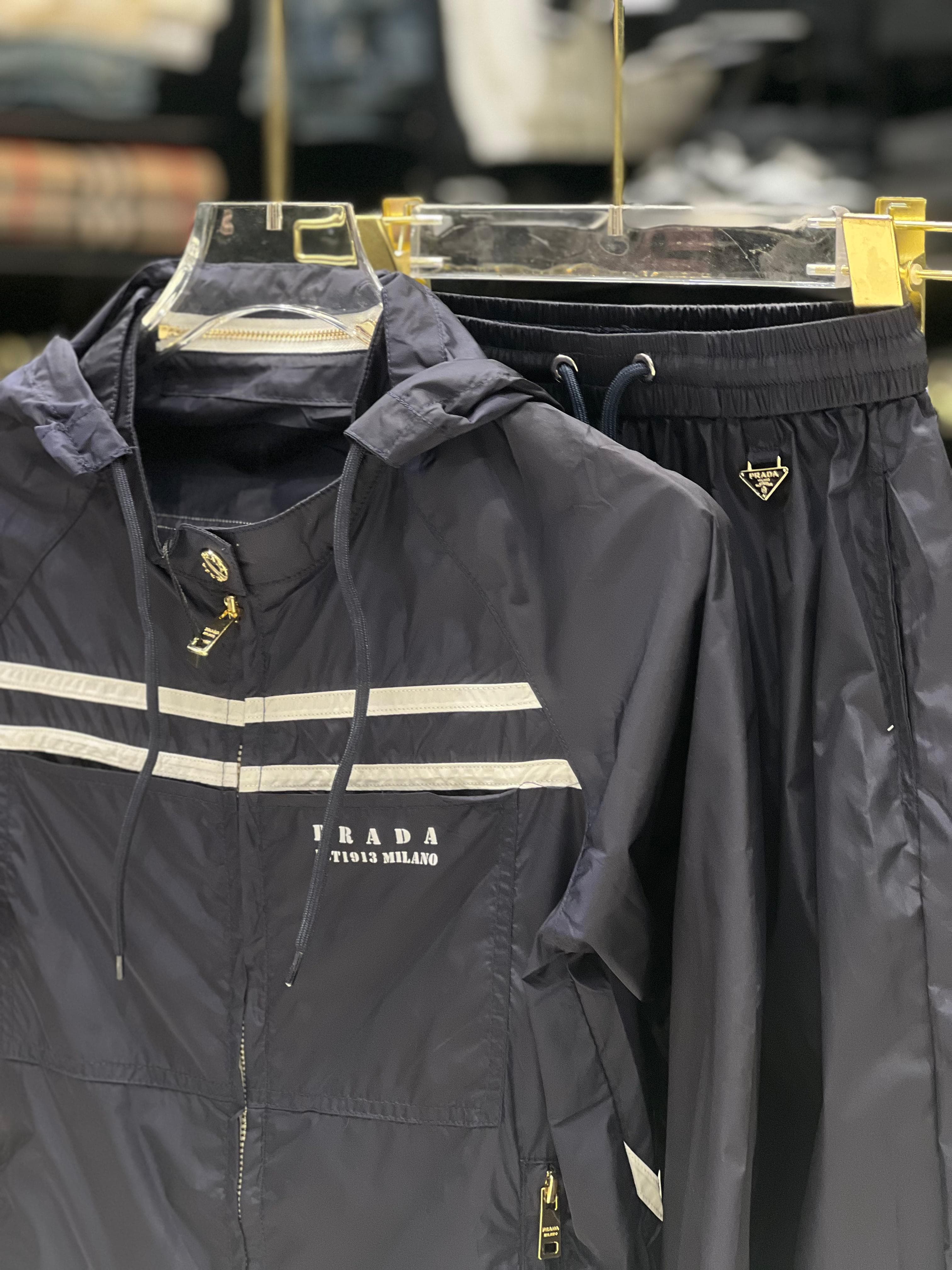 Prada Kids - Navy Nylon Hooded Tracksuit Set with Logo Stripes
