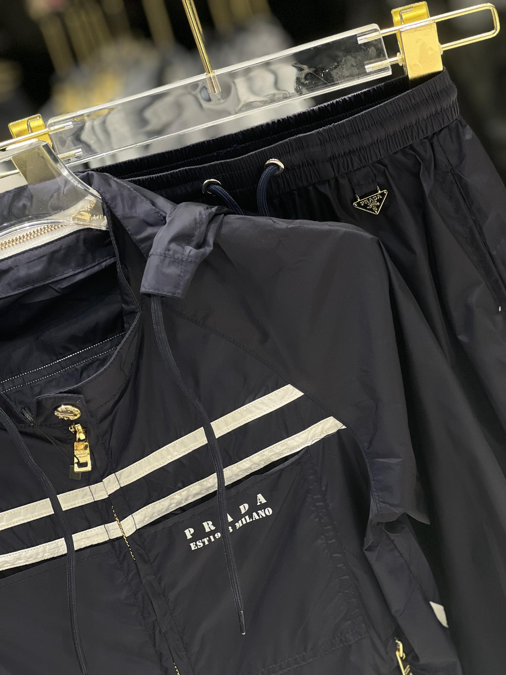 Prada Kids - Navy Nylon Hooded Tracksuit Set with Logo Stripes