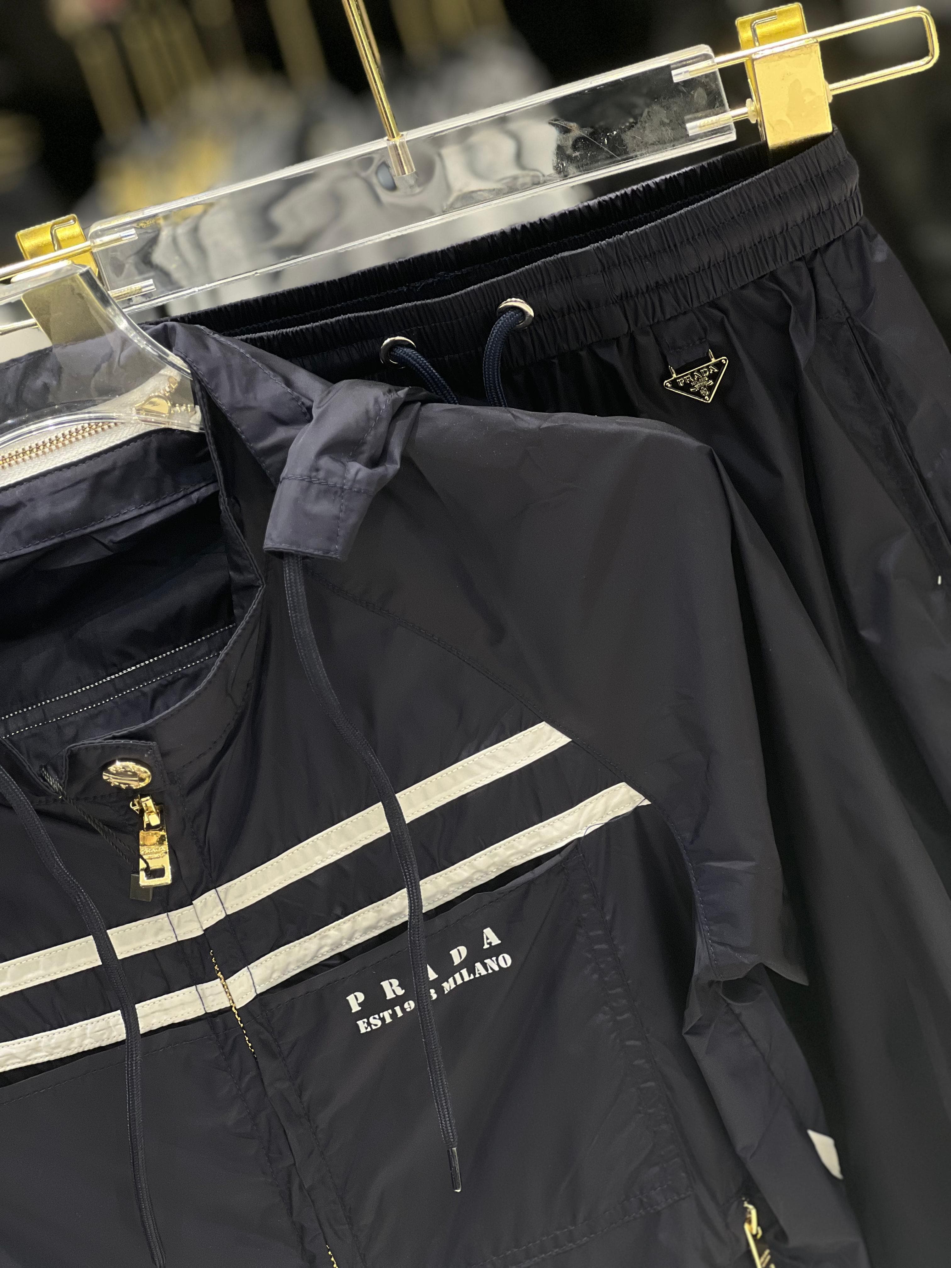 Prada Kids - Navy Nylon Hooded Tracksuit Set with Logo Stripes