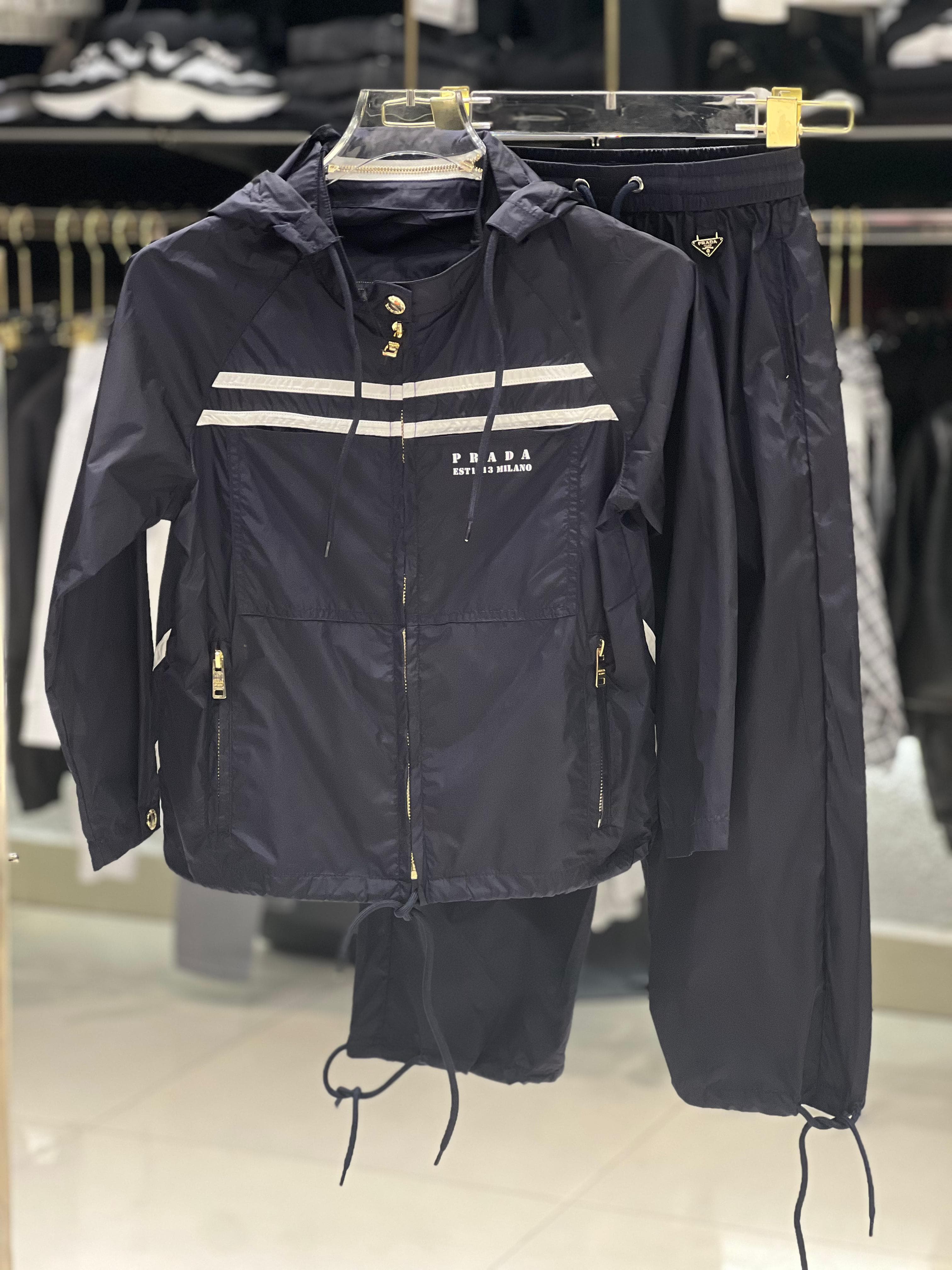 Prada Kids - Navy Nylon Hooded Tracksuit Set with Logo Stripes
