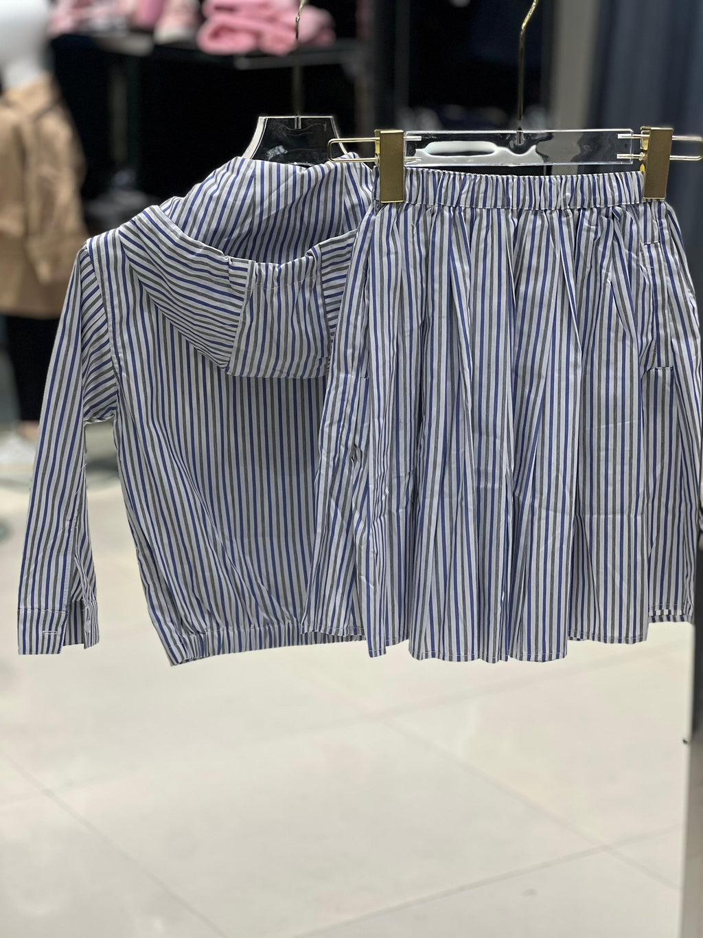 Prada Kids - Blue & White Striped Hooded Jacket & Pleated Skirt Set
