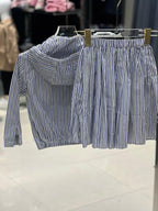 Prada Kids - Blue & White Striped Hooded Jacket & Pleated Skirt Set