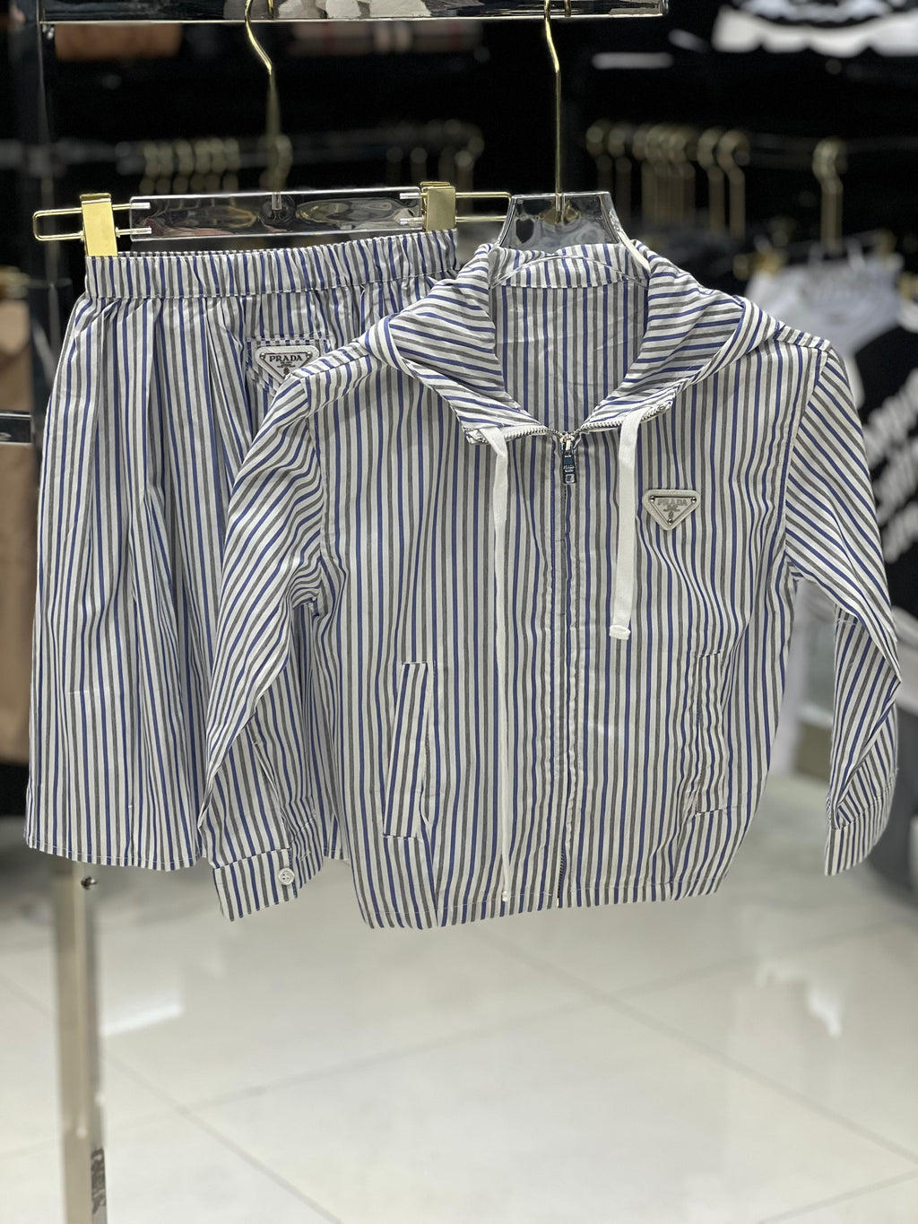 Prada Kids - Blue & White Striped Hooded Jacket & Pleated Skirt Set