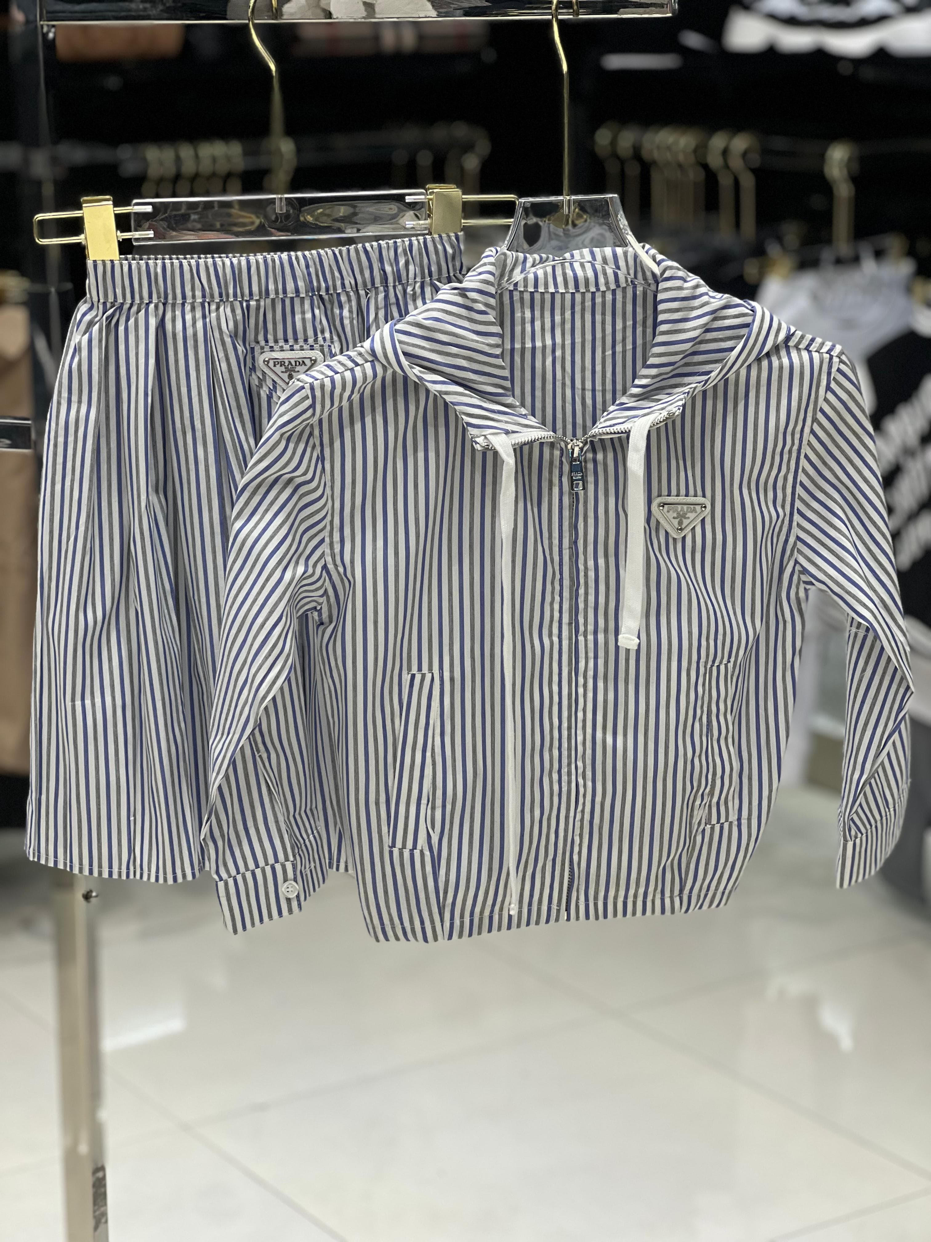 Prada Kids - Blue & White Striped Hooded Jacket & Pleated Skirt Set