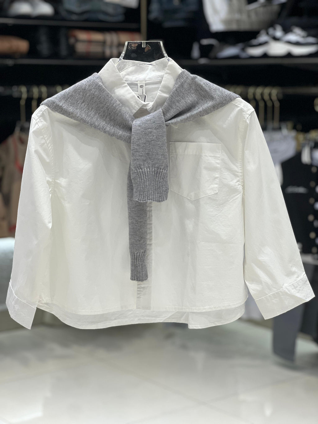 Kids Fashion - Classic White Button-Down Shirt with Grey Knit Sweater Drape