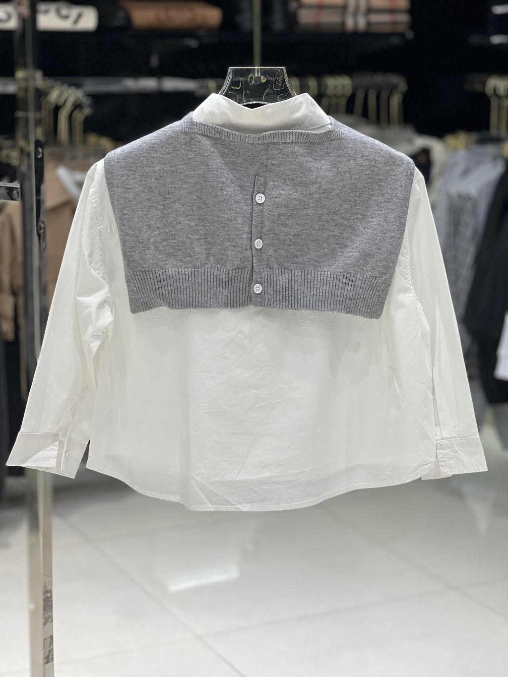 Kids Fashion - Classic White Button-Down Shirt with Grey Knit Sweater Drape