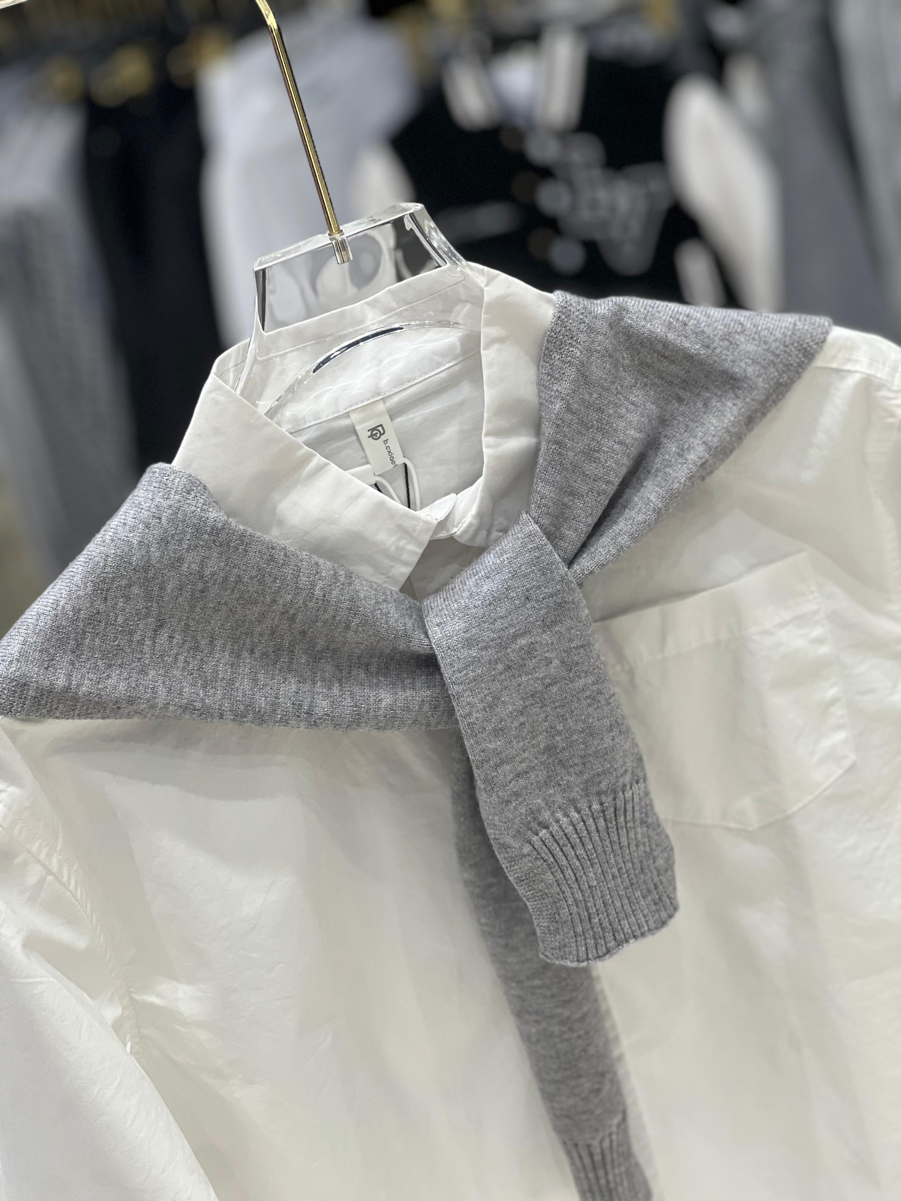 Kids Fashion - Classic White Button-Down Shirt with Grey Knit Sweater Drape