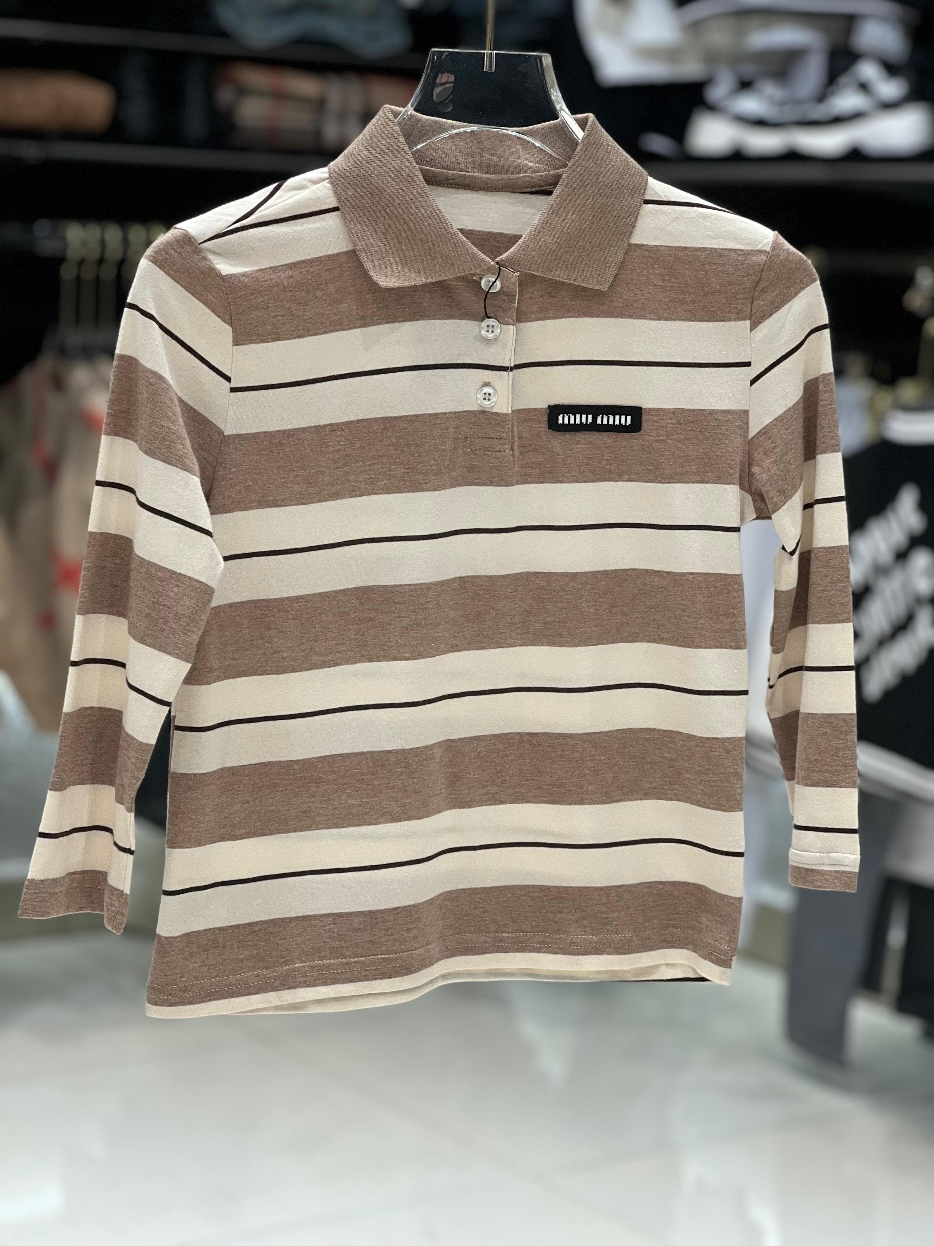 Miu Miu Kids - Brown & Cream Striped Long Sleeve Polo Shirt