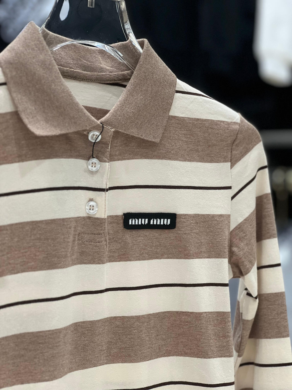 Miu Miu Kids - Brown & Cream Striped Long Sleeve Polo Shirt