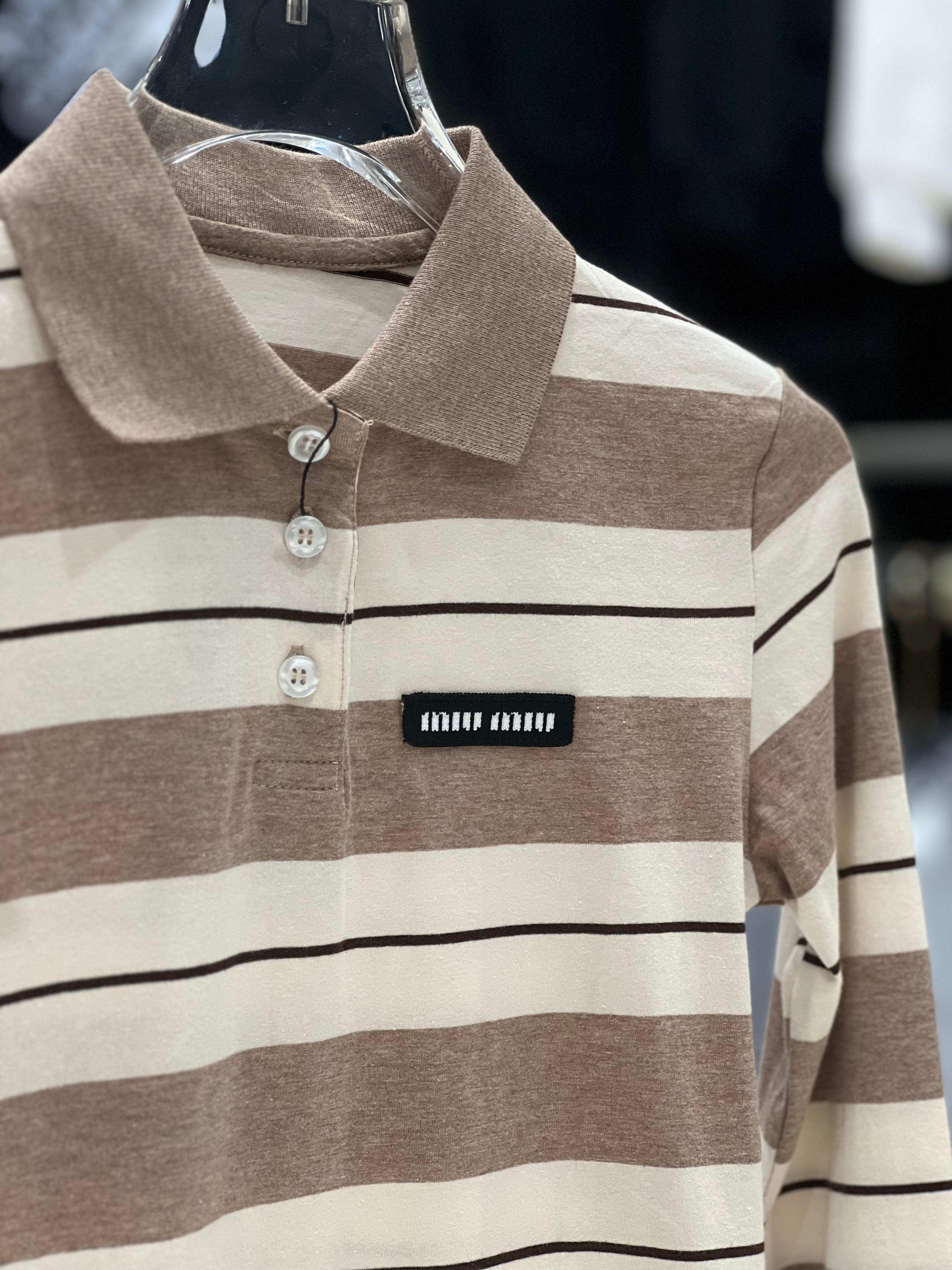 Miu Miu Kids - Brown & Cream Striped Long Sleeve Polo Shirt