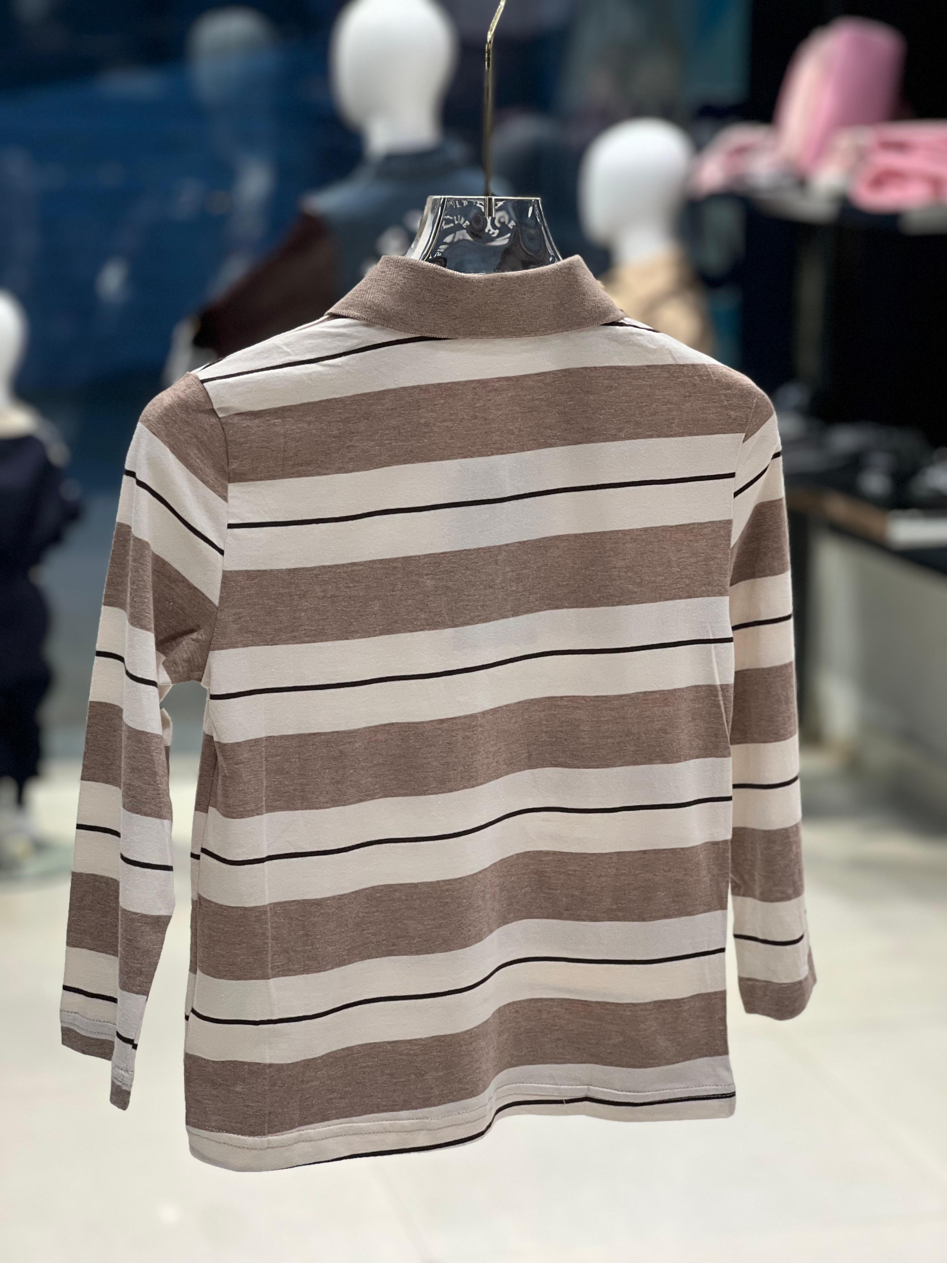 Miu Miu Kids - Brown & Cream Striped Long Sleeve Polo Shirt