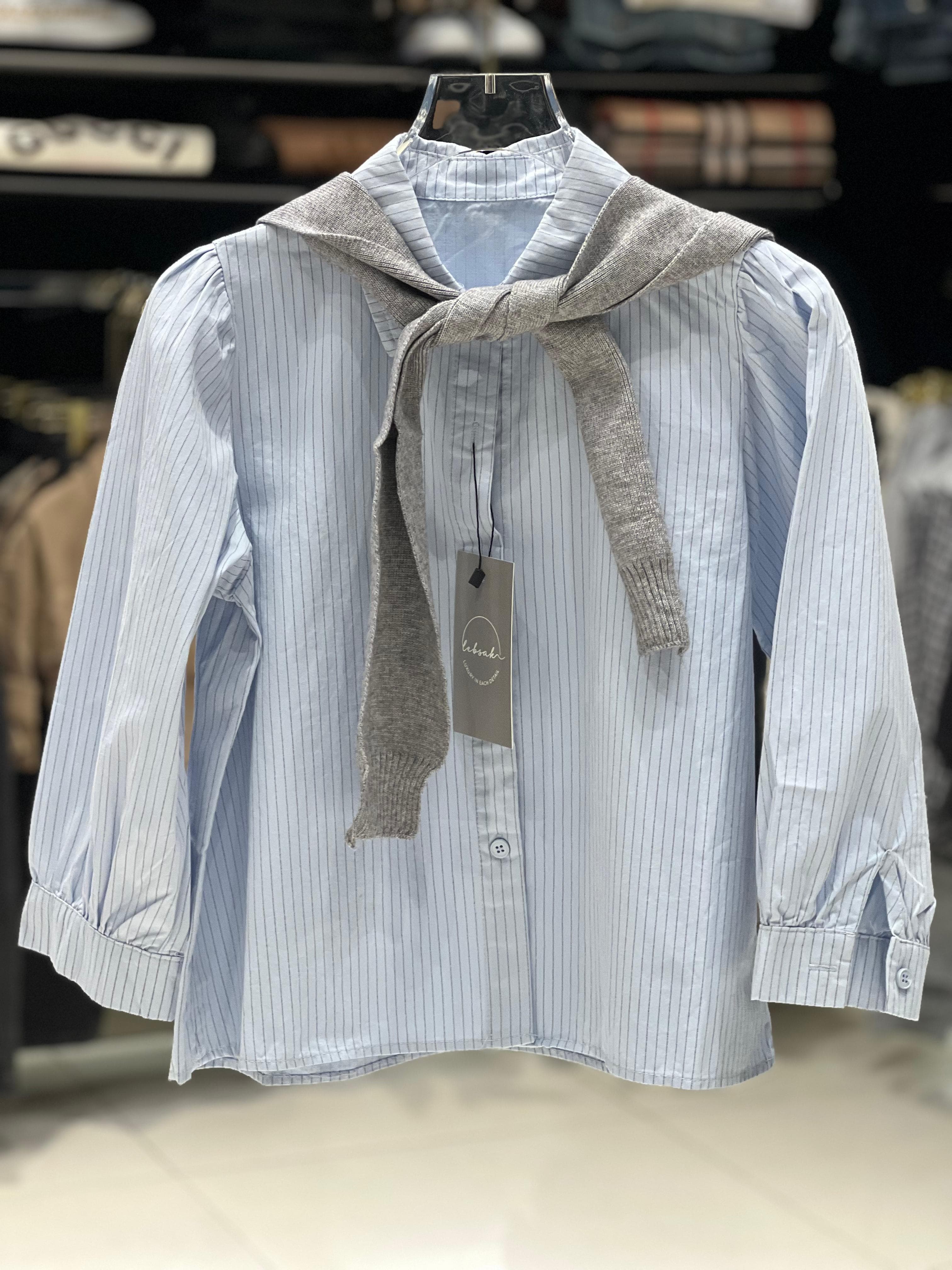 Polo Kids - Pinstripe Shirt & Grey Knit Sweater Set - Light Blue