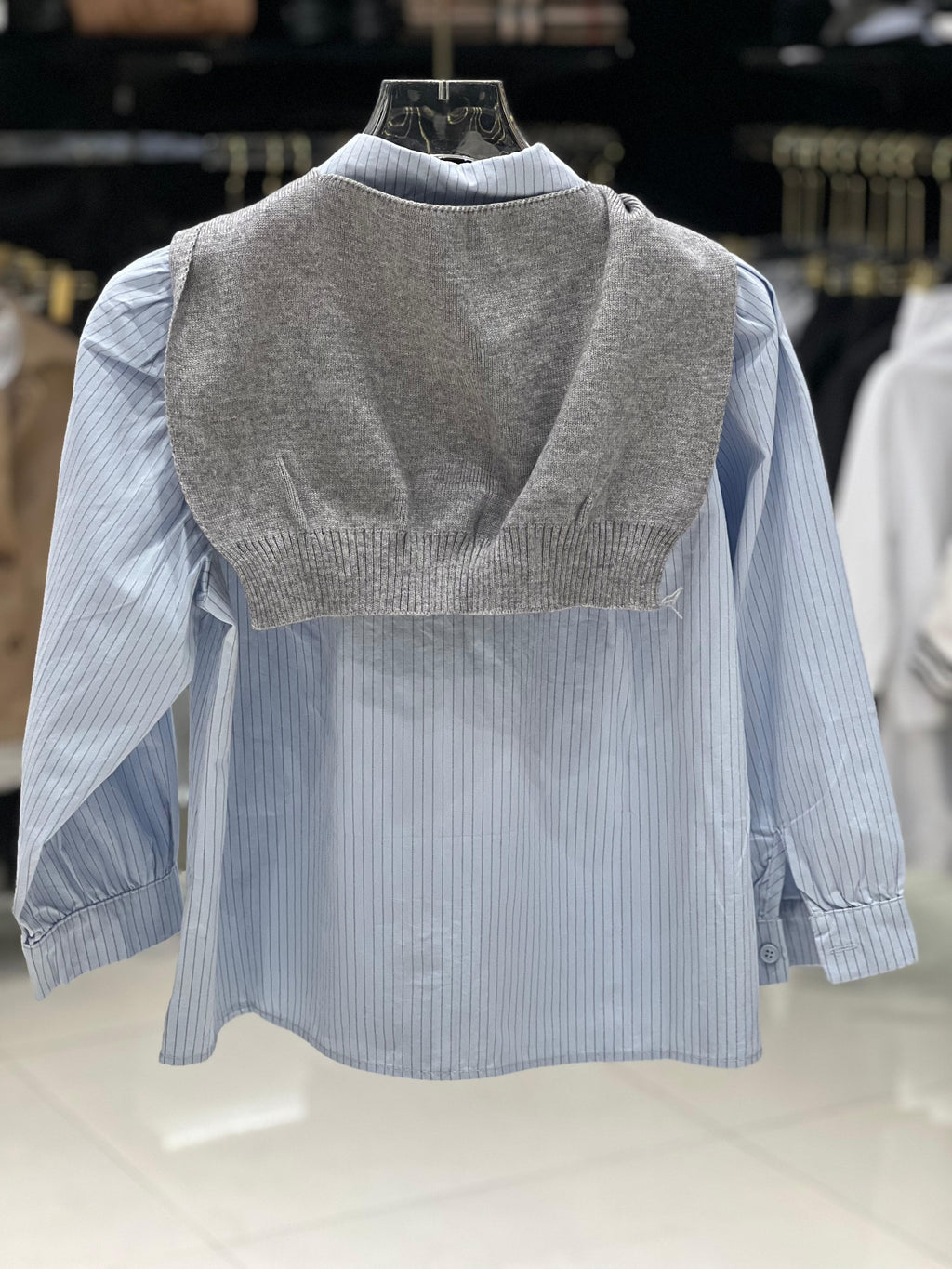 Polo Kids - Pinstripe Shirt & Grey Knit Sweater Set - Light Blue