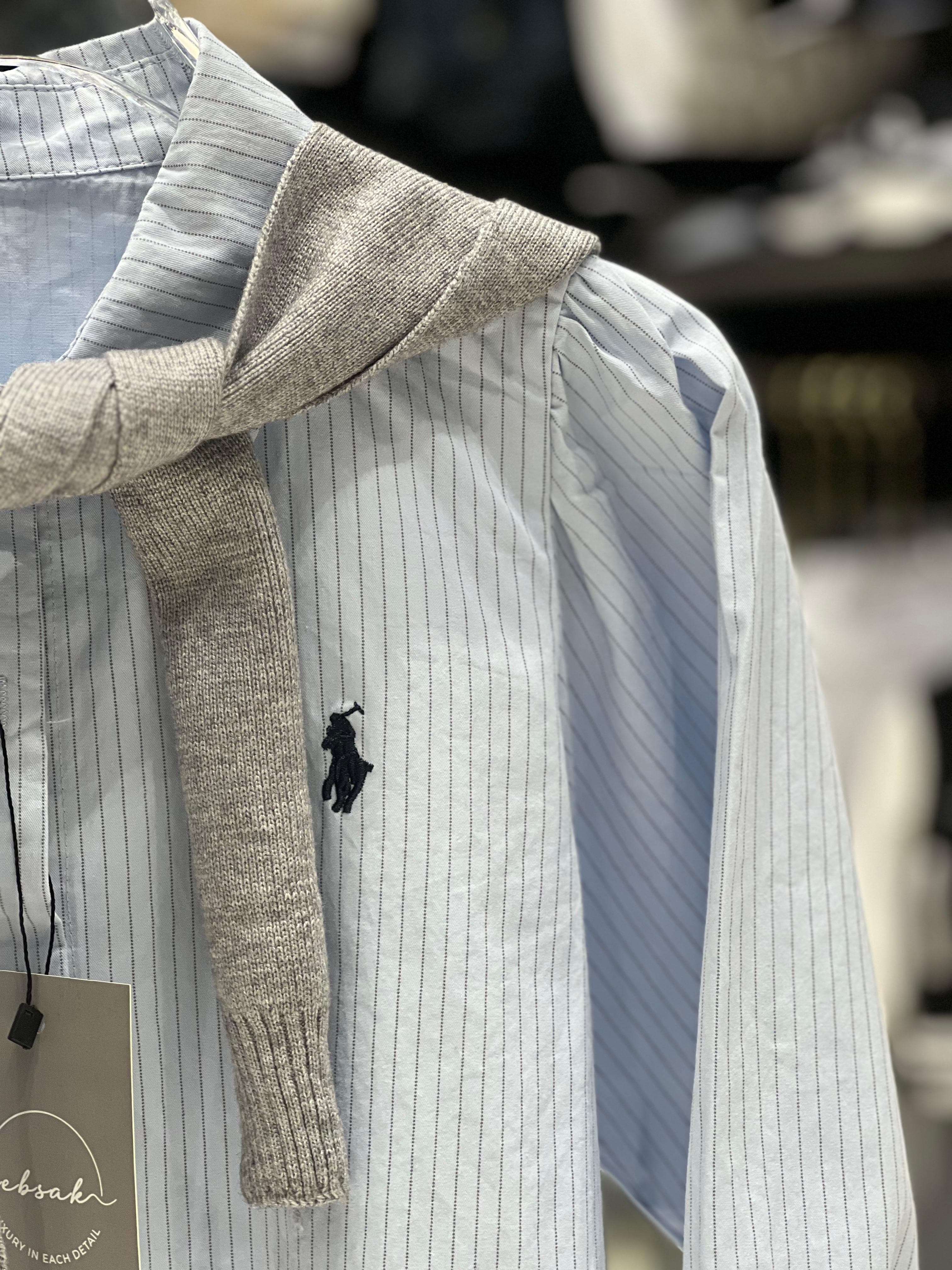 Polo Kids - Pinstripe Shirt & Grey Knit Sweater Set - Light Blue