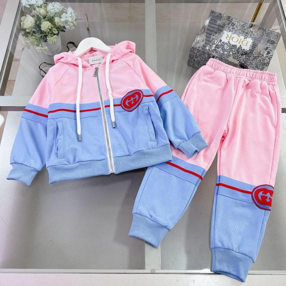 Gucci - Kids Pink & Blue Felted Cotton Jersey Tracksuit Set with Interlocking G Patch