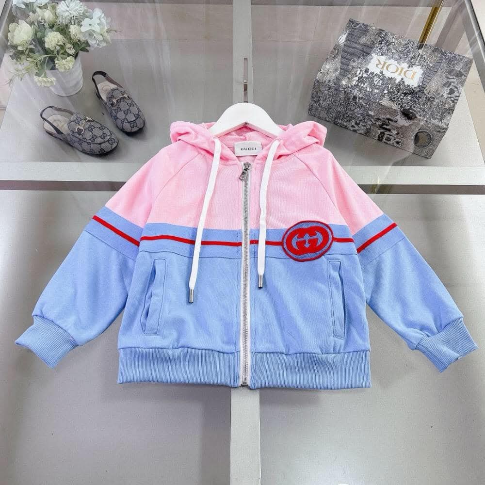 Gucci - Kids Pink & Blue Felted Cotton Jersey Tracksuit Set with Interlocking G Patch