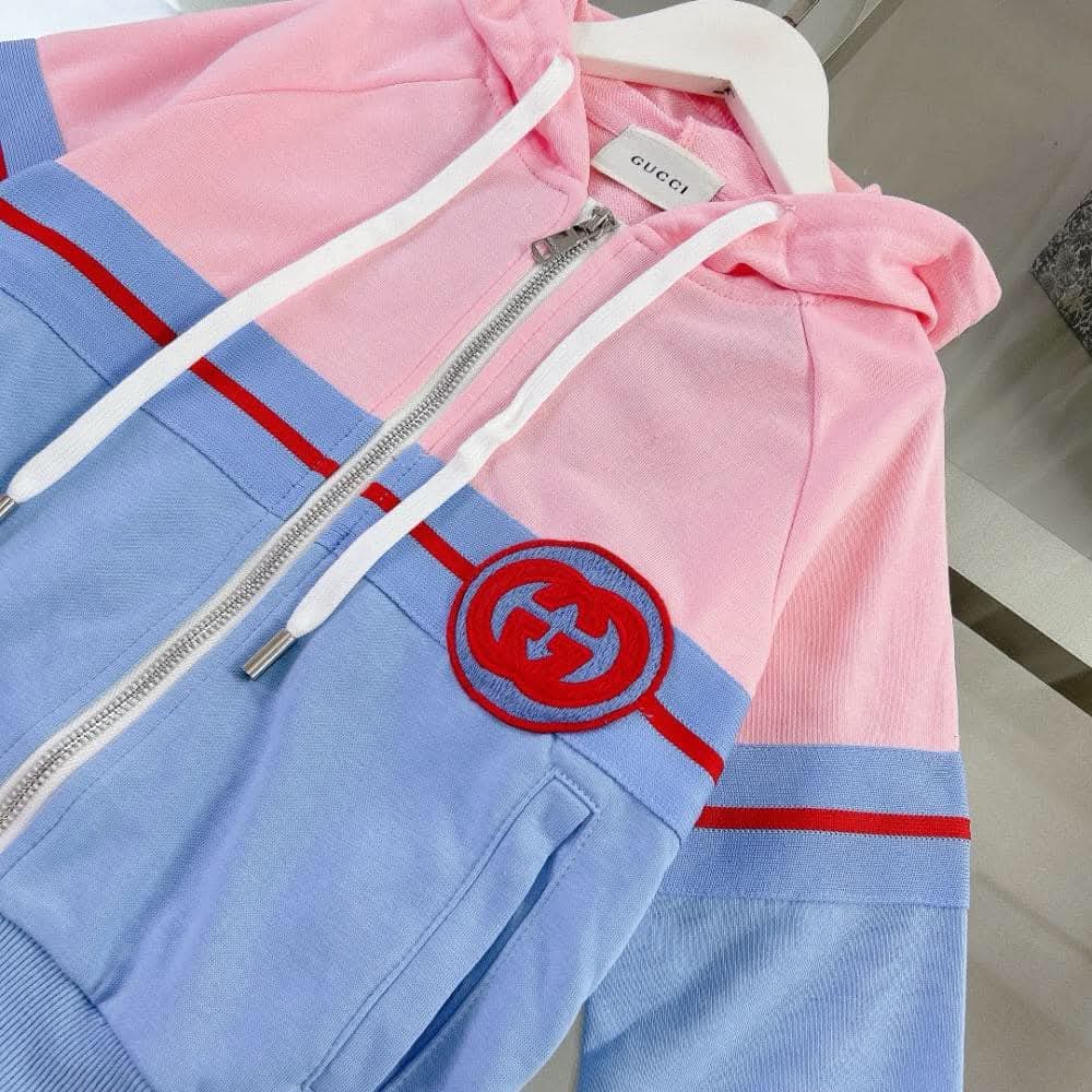 Gucci - Kids Pink & Blue Felted Cotton Jersey Tracksuit Set with Interlocking G Patch