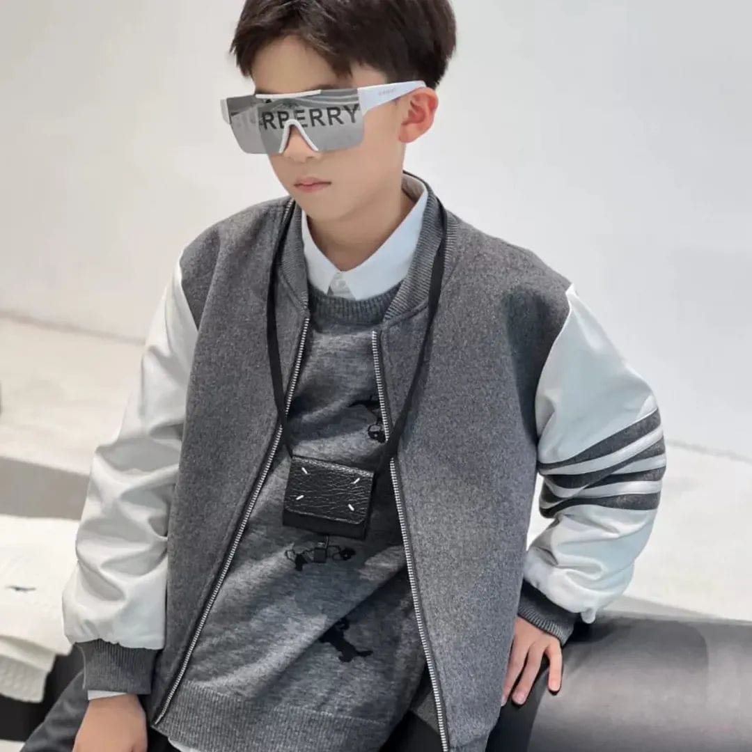 Thom Browne - Kids Grey & White Varsity Jacket with 4-Bar Stripe