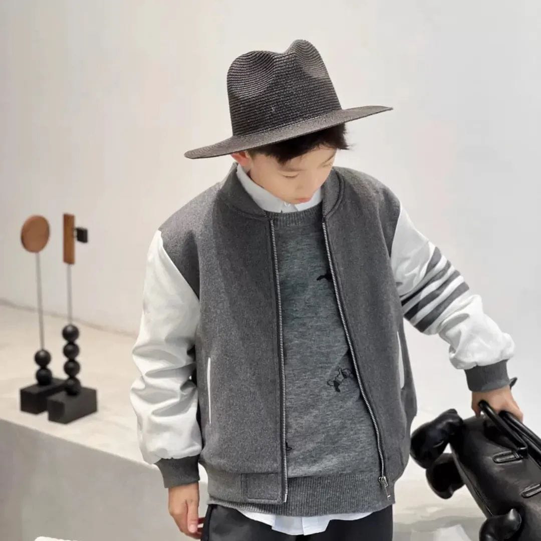 Thom Browne - Kids Grey & White Varsity Jacket with 4-Bar Stripe