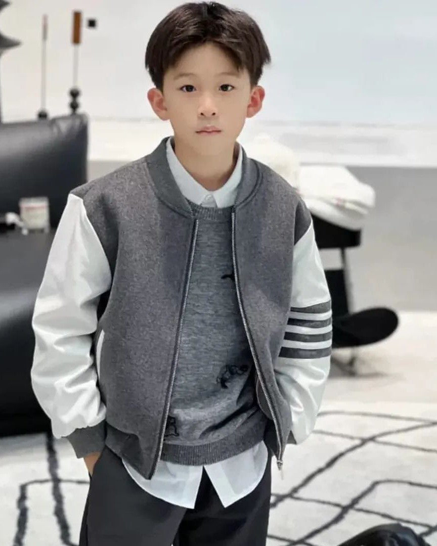 Thom Browne - Kids Grey & White Varsity Jacket with 4-Bar Stripe
