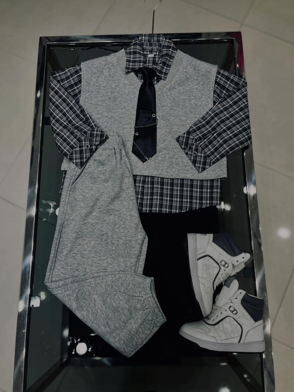 Gray - Kids' 4-Piece "Urban Prep" Set: Knit Vest, Plaid Shirt & Joggers with Chain Tie