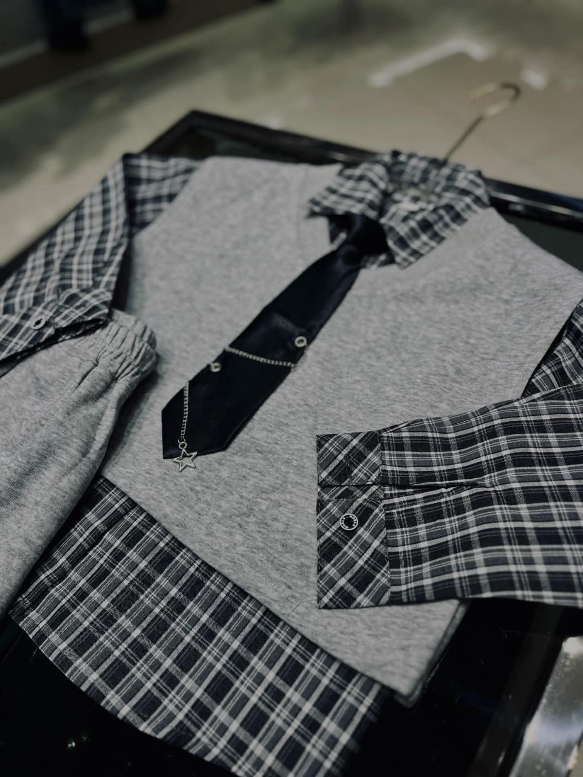 Gray - Kids' 4-Piece "Urban Prep" Set: Knit Vest, Plaid Shirt & Joggers with Chain Tie