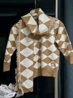 Burberry - Kids' Camel & White Diamond Knit Sweater with Fringed Scarf