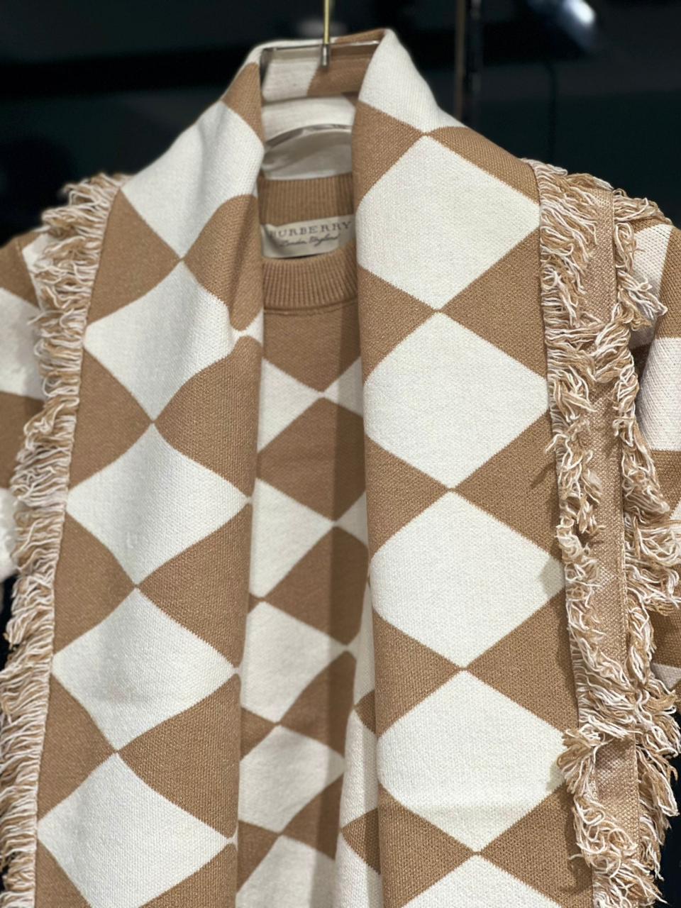 Burberry - Kids' Camel & White Diamond Knit Sweater with Fringed Scarf