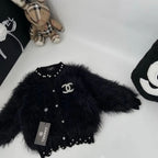 Chanel - Girls' Black "Eyelash" Knit Cardigan with Pearl Trim & Crystal CC Logo