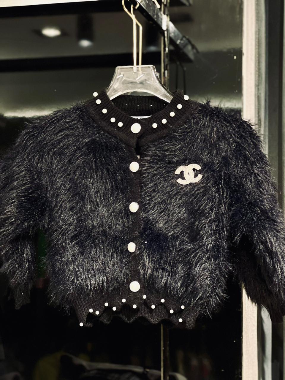 Chanel - Girls' Black "Eyelash" Knit Cardigan with Pearl Trim & Crystal CC Logo