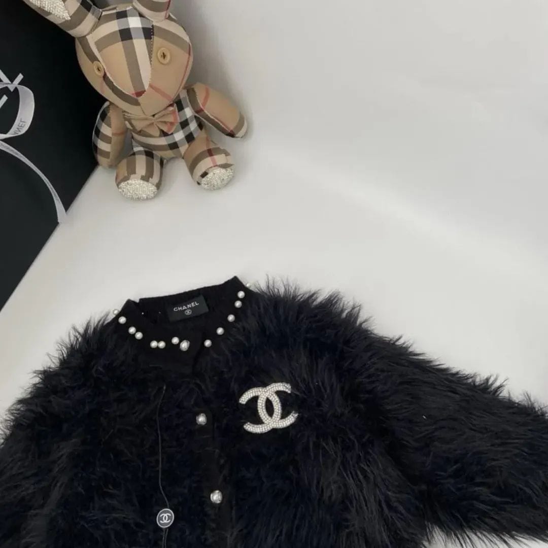 Chanel - Girls' Black "Eyelash" Knit Cardigan with Pearl Trim & Crystal CC Logo