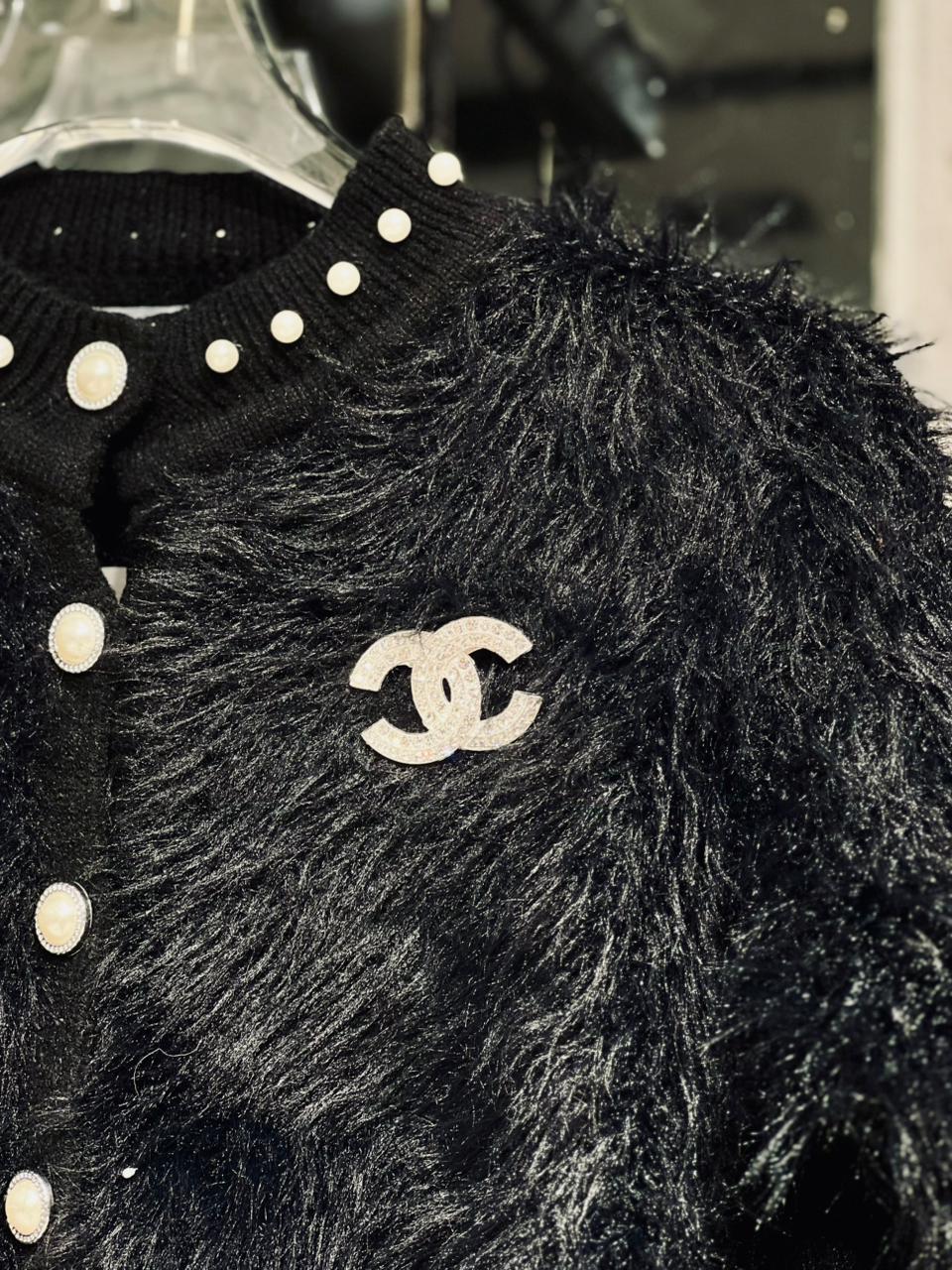 Chanel - Girls' Black "Eyelash" Knit Cardigan with Pearl Trim & Crystal CC Logo