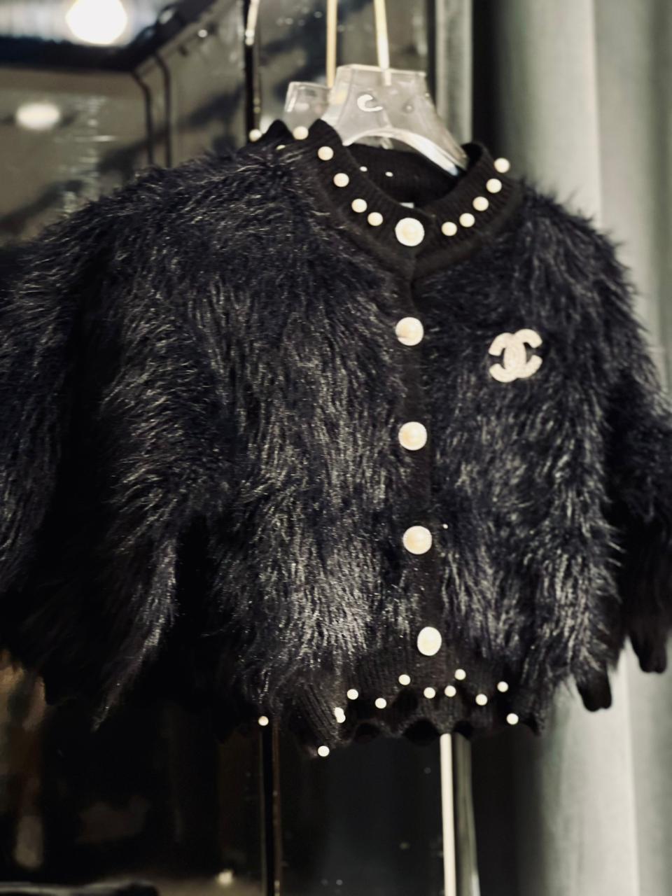 Chanel - Girls' Black "Eyelash" Knit Cardigan with Pearl Trim & Crystal CC Logo
