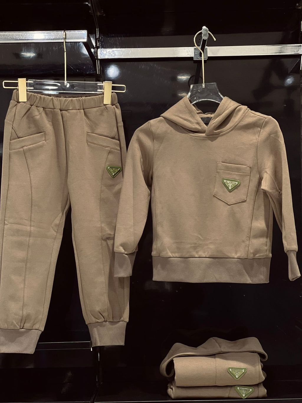 Prada - Kids' Camel Cotton Fleece Tracksuit Set - Signature Triangle Logo