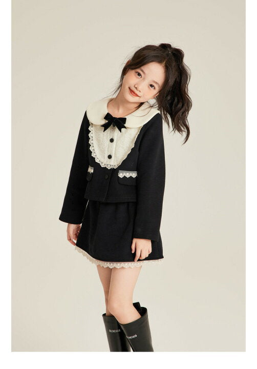 Miu Miu - Girls' Contrast Peter Pan Collar Jacket & Skirt Set - Black/Cream