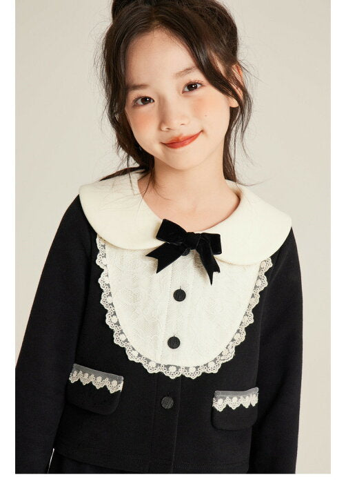 Miu Miu - Girls' Contrast Peter Pan Collar Jacket & Skirt Set - Black/Cream